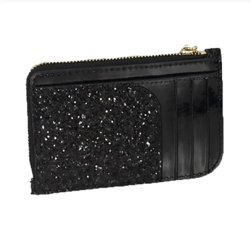 Kate Spade Odette Black Glitter L Zip Card Case Holder NWT